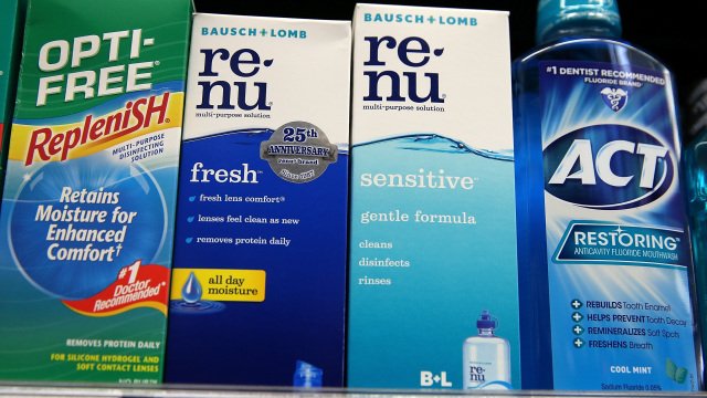 SAN FRANCISCO, CA - MAY 28: Boxes of Bausch and Lomb contact lens solution sit on a shelf at Arguello Market on May 28, 2013 in San Francisco, California. Valeant Pharmaceuticals, Canada's largest drugmaker, reported Monday that they will purchase eyecare product maker Bausch and Lomb from private equity firm Warburg Pincus for $8.7 billion. (Photo by Justin Sullivan/Getty Images)